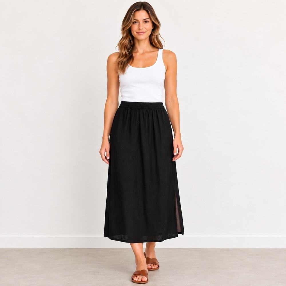 Gap Midi Skirt Women Large Black Linen Blend Lined Classic Capsule Minimalist
